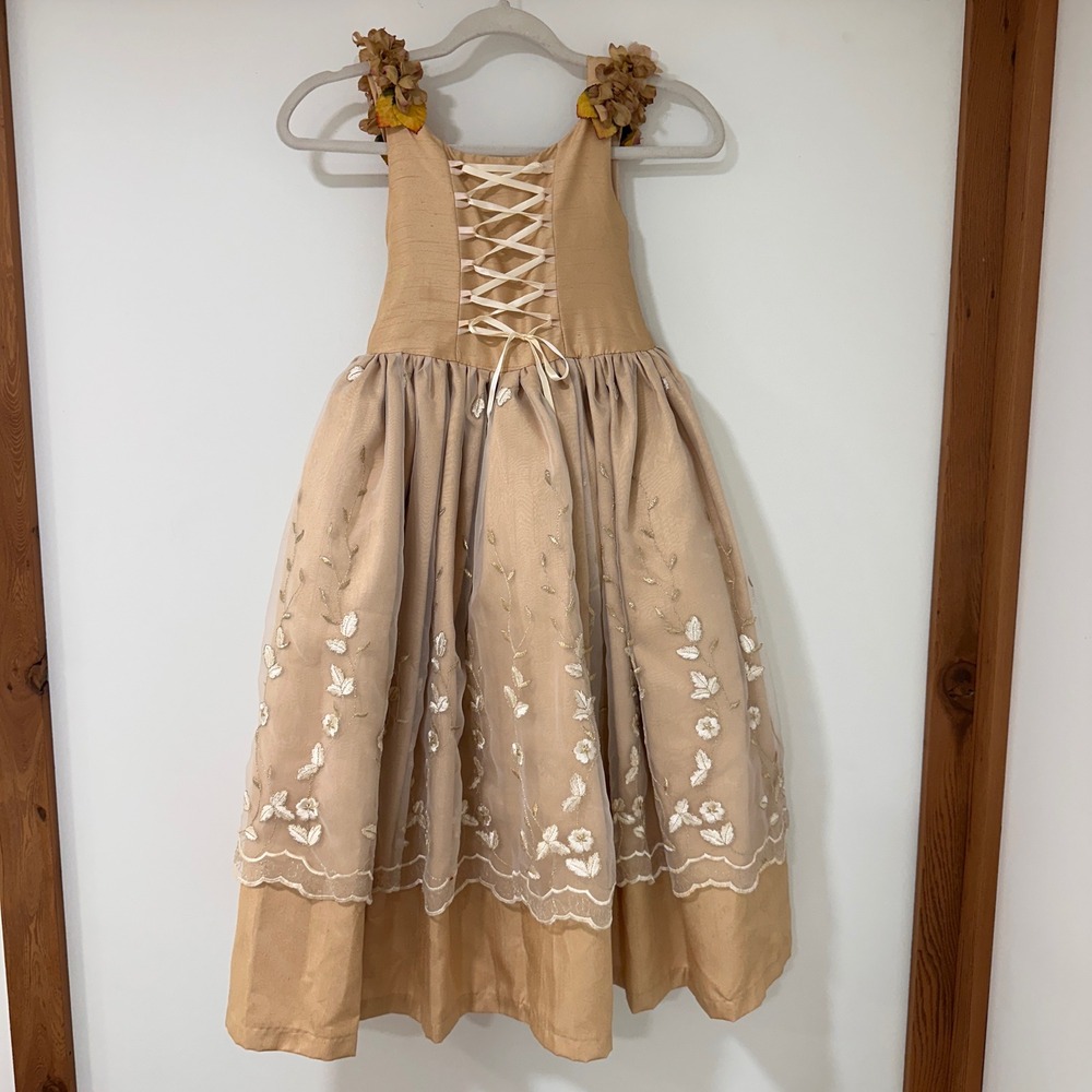 Elena Collection Gold Embroidered Corset Back Gown Girls Size 5-6 Floral Tulle